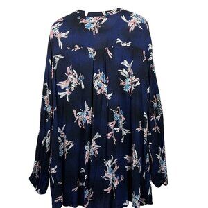 Lane Bryant Womens Blouse 14/15 Blue Floral Embroidered Long Sleeves Button Neck